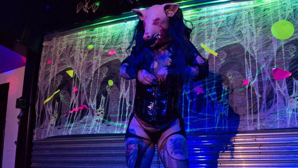 Performer in pig mask. Mixwells Northside. October 2019. 